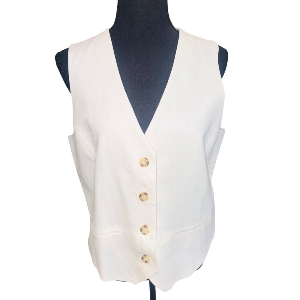 Rachel Zoe Preppy White Linen Blend Sleeveless Vest 8 Old Money Academic - Picture 2 of 9